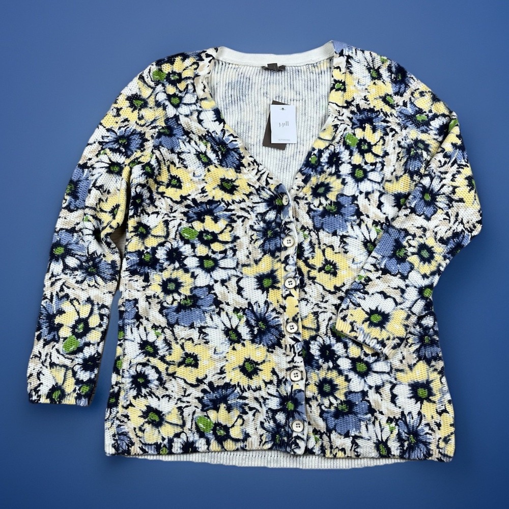 J Jill Cardigan Sweater Size Small Petite Floral V-Neck Button Up Cotton Blend
